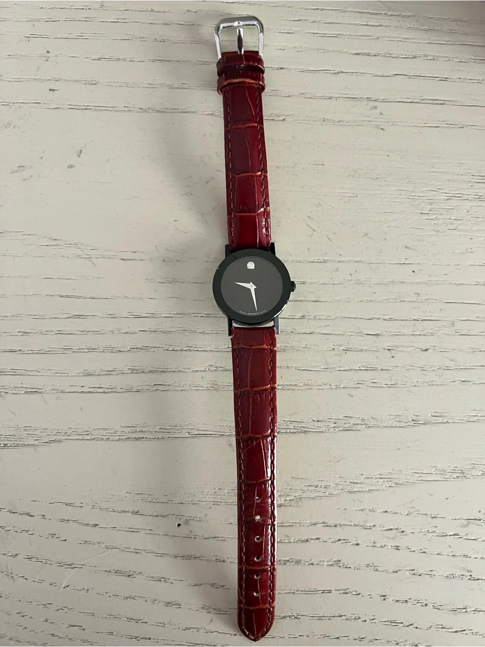 Movado Women's Watch with Red Croc-Pattern Leather Strap and Black Dial